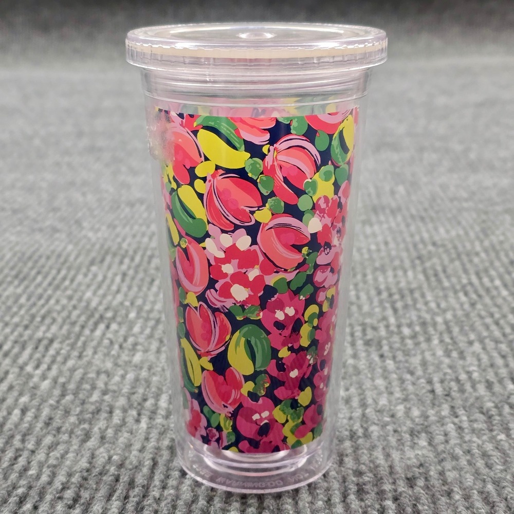 Lilly Pulitzer Tumbler Women OS Pink Floral Insulated Travel Cup Acrylic Lid